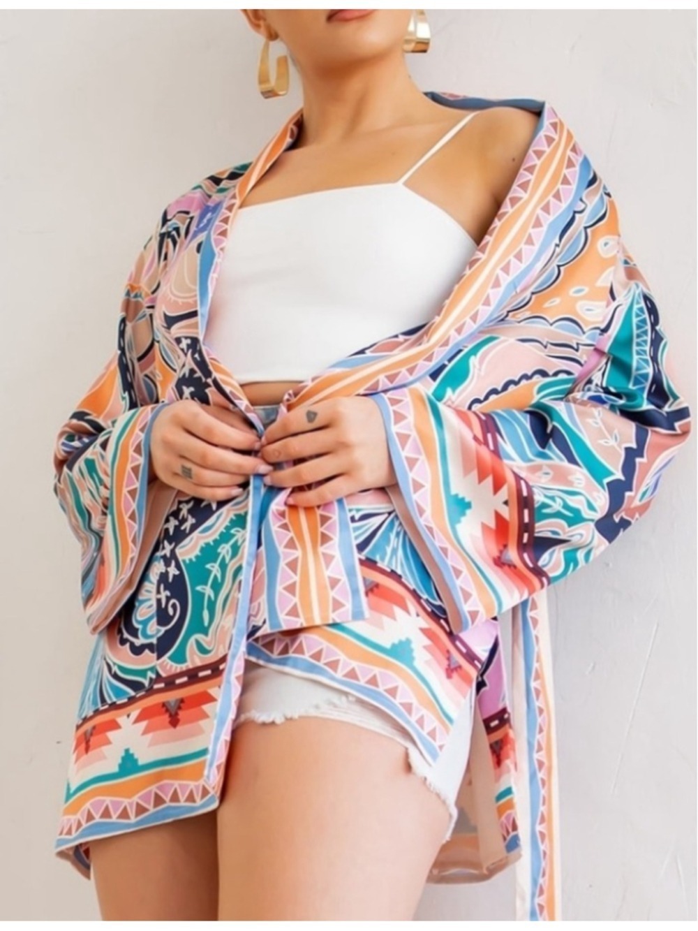 Her Bottari Kimono Top Robe Jacket Open Front Aztec Boho Women's Size Large